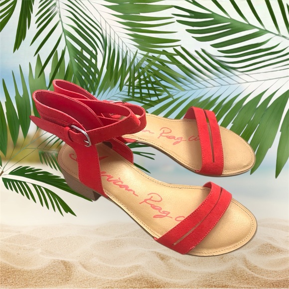 Shoes - American Rag Cie Red Flat Summer Sandals with Ankle Strap